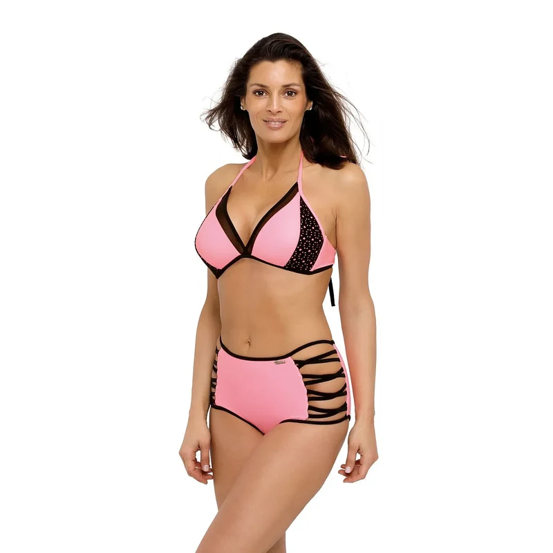 maillot bain deux pièces culotte haute rehausseur soutien gorge rembourré noué nuque tulle dentelle rosé tissu italien extensible amincissant glamour