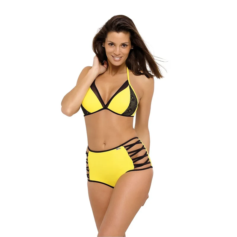 maillot bain deux pièces soutiengorge rehausseur bonnets rembourrés culotte haute gainant dentelle tulle tissu italien qualité jaune éclatant élégant féminin
