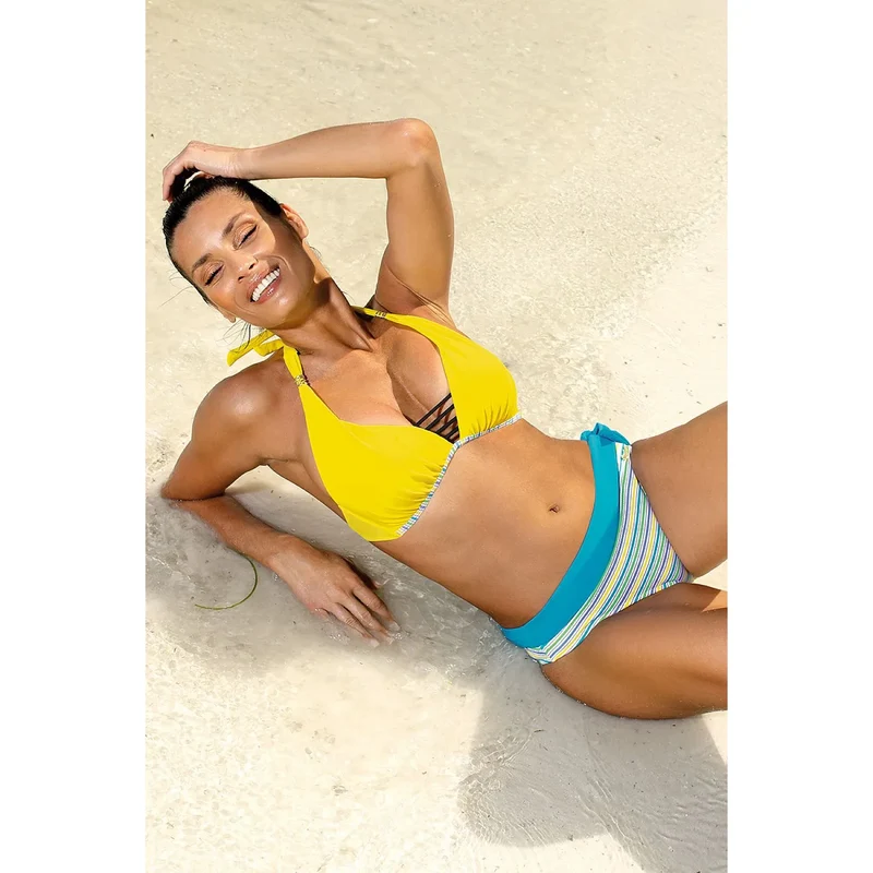 maillot bain deux pièces effet rehausseur lanières caoutchouc bonnets rembourrés triangulaires rehaussant poitrine bretelles bijou amovible jaune