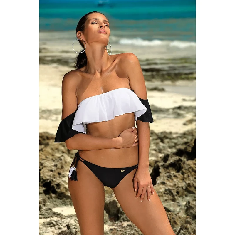 maillot bain deux pièces sexy cubain bandeau volant bicolore blanc noir bas bikini attaches latérales réglables tissu italien élasthanne polyamide