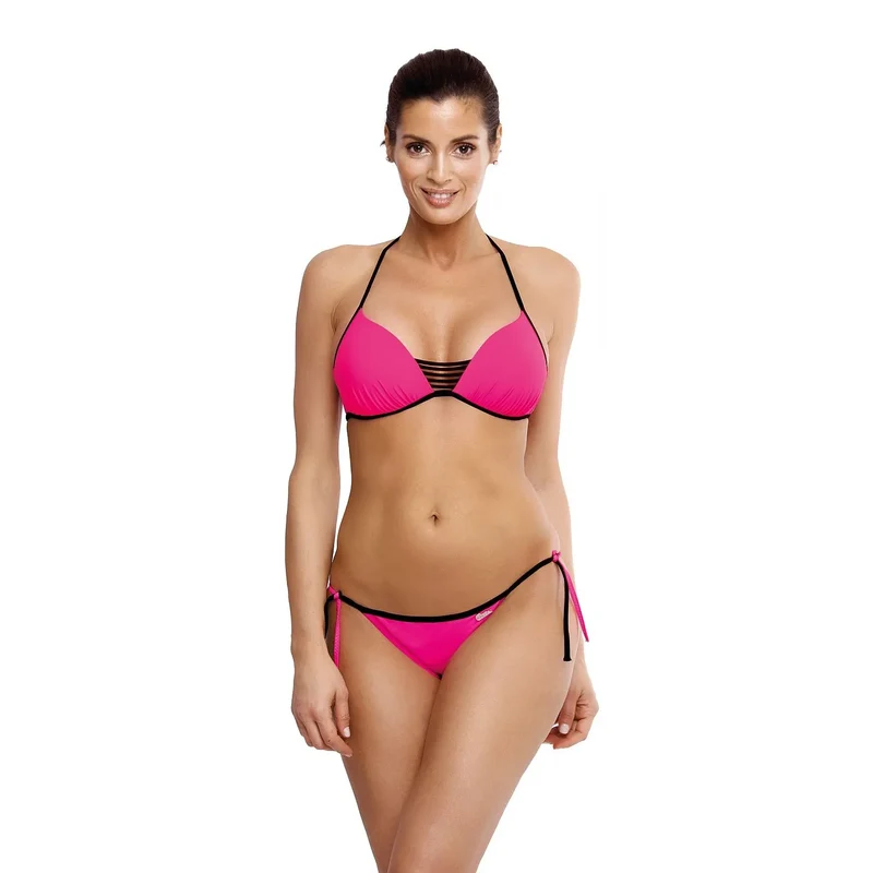 maillot bain deux pièces effet rehausseur poitrine bretelles caoutchouc ajustables tissu italien luxueux couleur rosé nœuds latéraux tailles S M