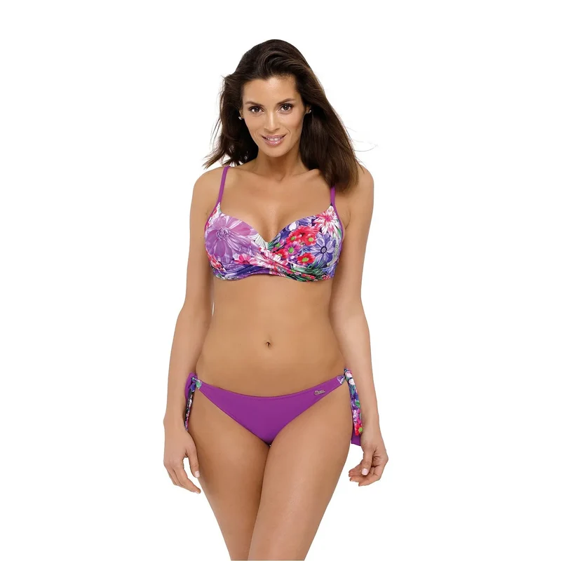maillot bain deux pièces fleurs tropicales violet tissu italien armature bonnets rembourrés effet rehausseur culotte nouée tailles S M L