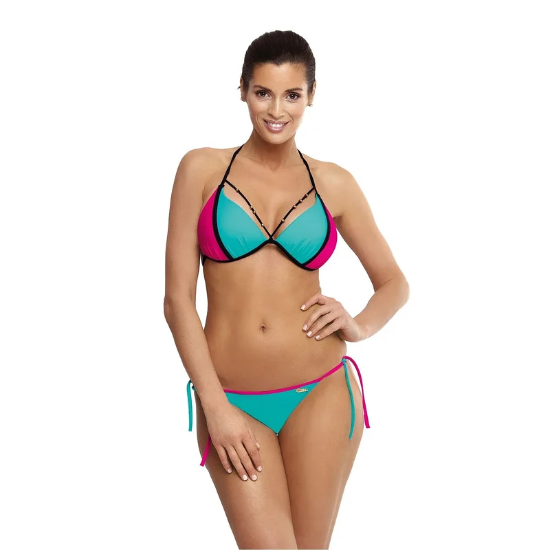maillot bain bikini deux pièces sexy femme rembourré bretelles bijoux tissu italien vert bonnets lisses passepoil noir slips taille basse
