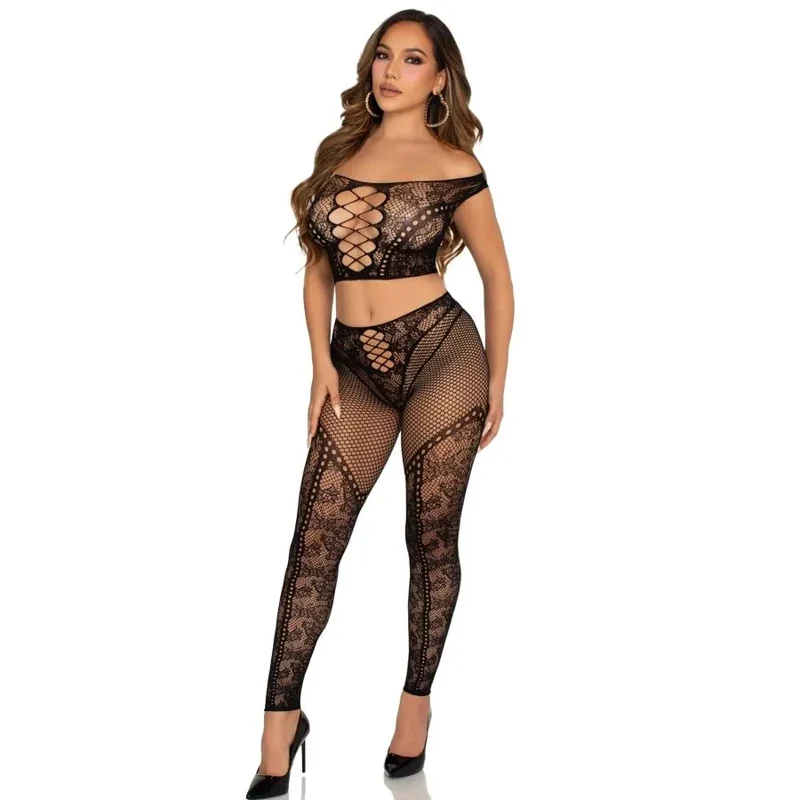 ensemble deux pièces haut court noir résille épaules dénudées lien avant legging taille haute dentelle extensible confortable nylon élasthanne
