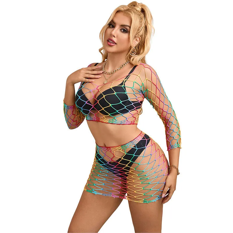 ensemble lingerie deux pièces manches longues maille respirant nylon élasthanne transparent sensuel sexy multicolore vibrant ajustable extensible