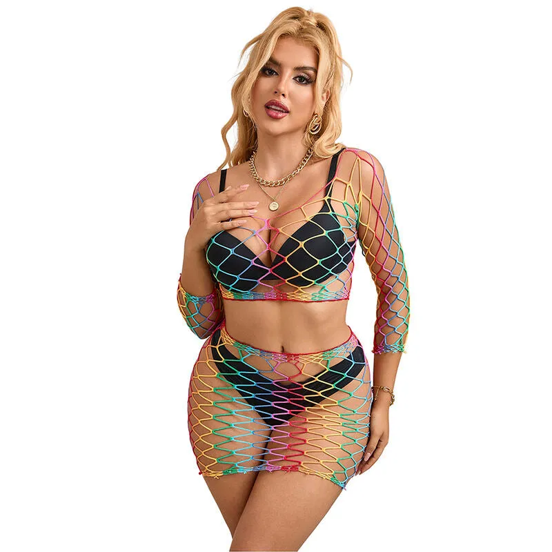 ensemble lingerie deux pièces manches longues maille respirant nylon élasthanne transparent sensuel sexy multicolore vibrant ajustable extensible
