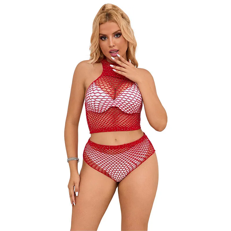 ensemble lingerie résille strass rouge vif confort haute qualité coupe ajustée extensible bikini short transparent glamour sexy nylon élasthanne