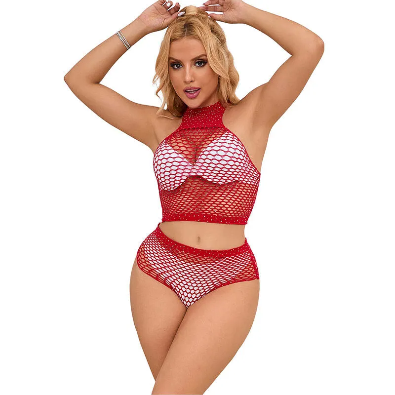 ensemble lingerie résille strass rouge vif confort haute qualité coupe ajustée extensible bikini short transparent glamour sexy nylon élasthanne