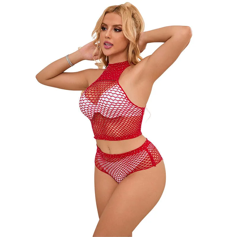 ensemble lingerie résille strass rouge vif confort haute qualité coupe ajustée extensible bikini short transparent glamour sexy nylon élasthanne