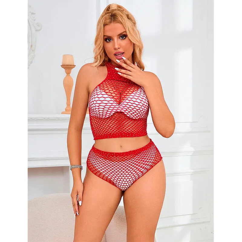 ensemble lingerie résille strass rouge vif confort haute qualité coupe ajustée extensible bikini short transparent glamour sexy nylon élasthanne