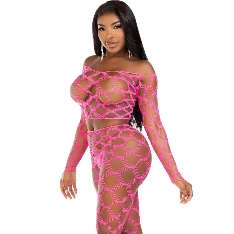 ensemble lingerie deux pièces haut court résille bas sans pieds fuchsia maille élastique extensible séduisant audacieux