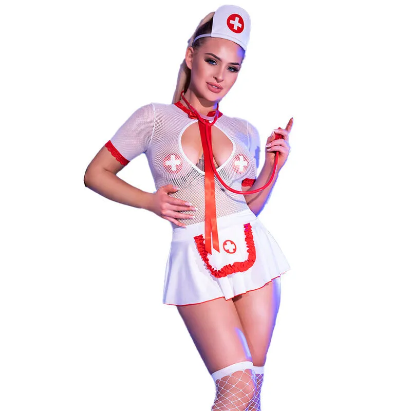 costume infirmière sexy sensuelle carnaval soirées déguisées complet chapeau stéthoscope body jupe plissée tablier bas cacheseins ajustable tailles