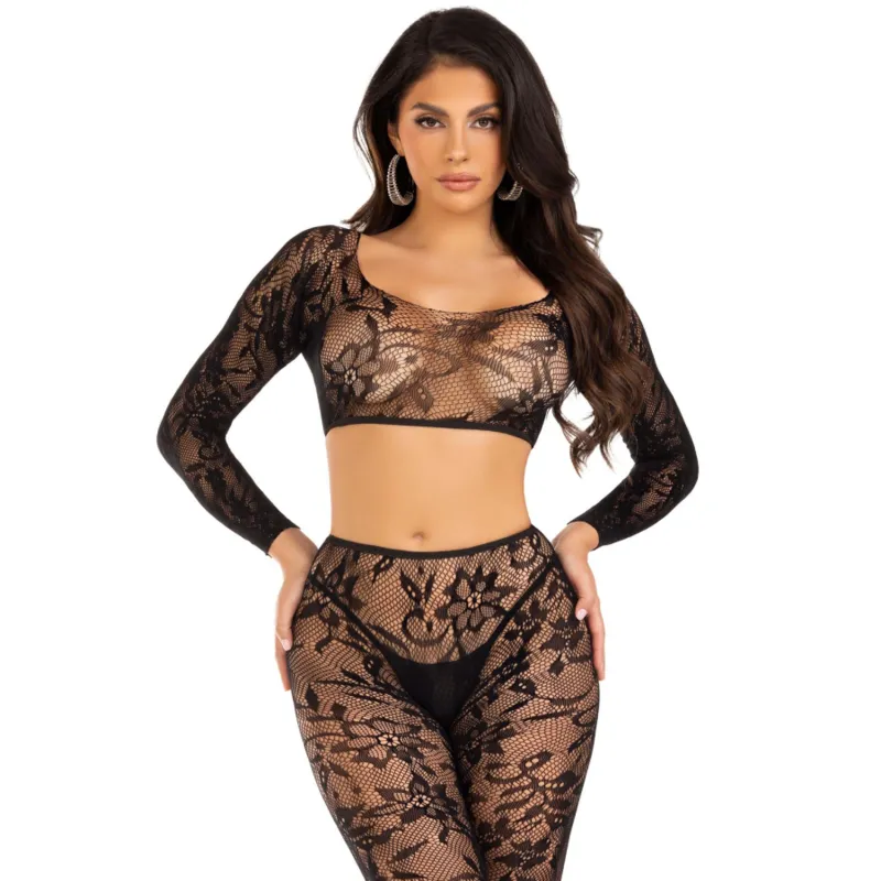 lingerie dentelle Chantilly haut court manches longues collants sans pieds sans couture taille unique florale confortable extensible nylon élasthanne élégant