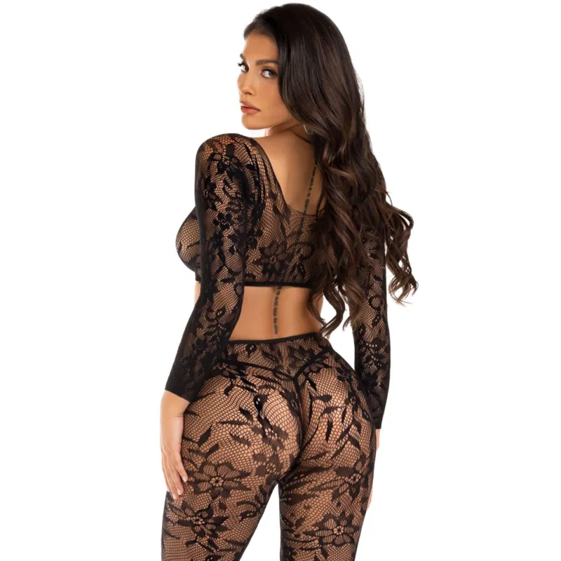 lingerie dentelle Chantilly haut court manches longues collants sans pieds sans couture taille unique florale confortable extensible nylon élasthanne élégant