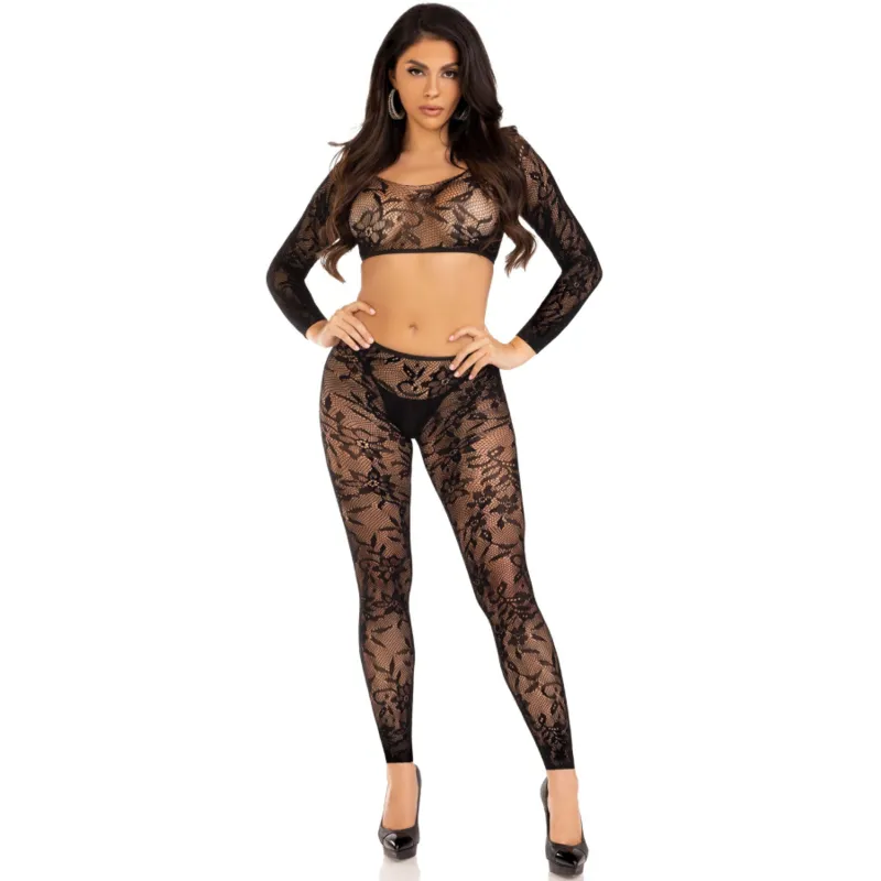lingerie dentelle Chantilly haut court manches longues collants sans pieds sans couture taille unique florale confortable extensible nylon élasthanne élégant
