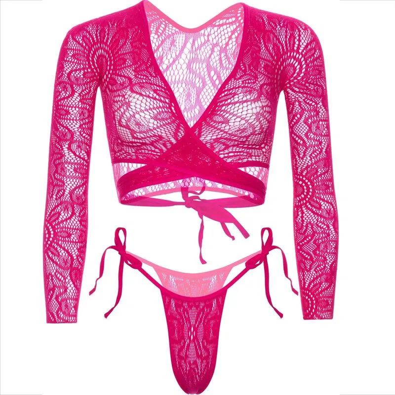 ensemble lingerie dentelle rose croptop cachecoeur culotte nouée liens réglables satin floral romantique confortable élastique polyester féminin glamour séduisant