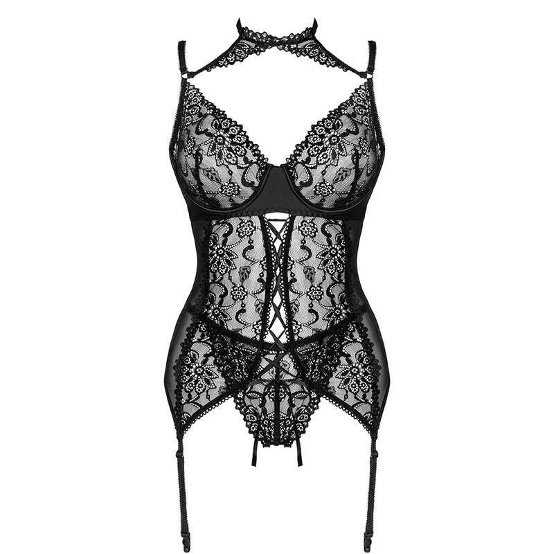corset noir ajustable dentelle string inclus bretelles réglables fermeture crochets confortable élégant sophistiqué extensible polyamide élasthanne