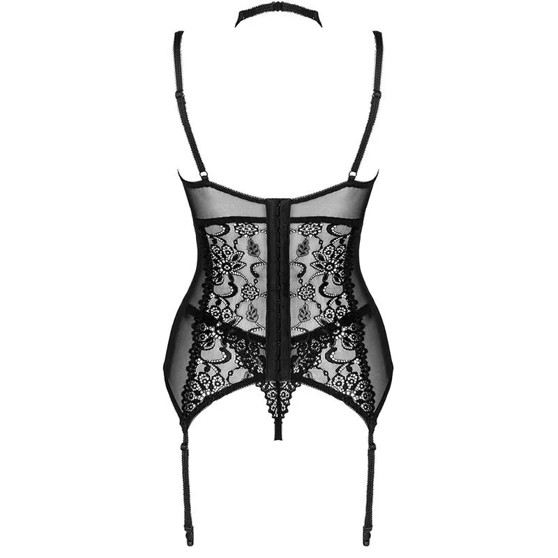 corset noir ajustable dentelle string inclus bretelles réglables fermeture crochets confortable élégant sophistiqué extensible polyamide élasthanne