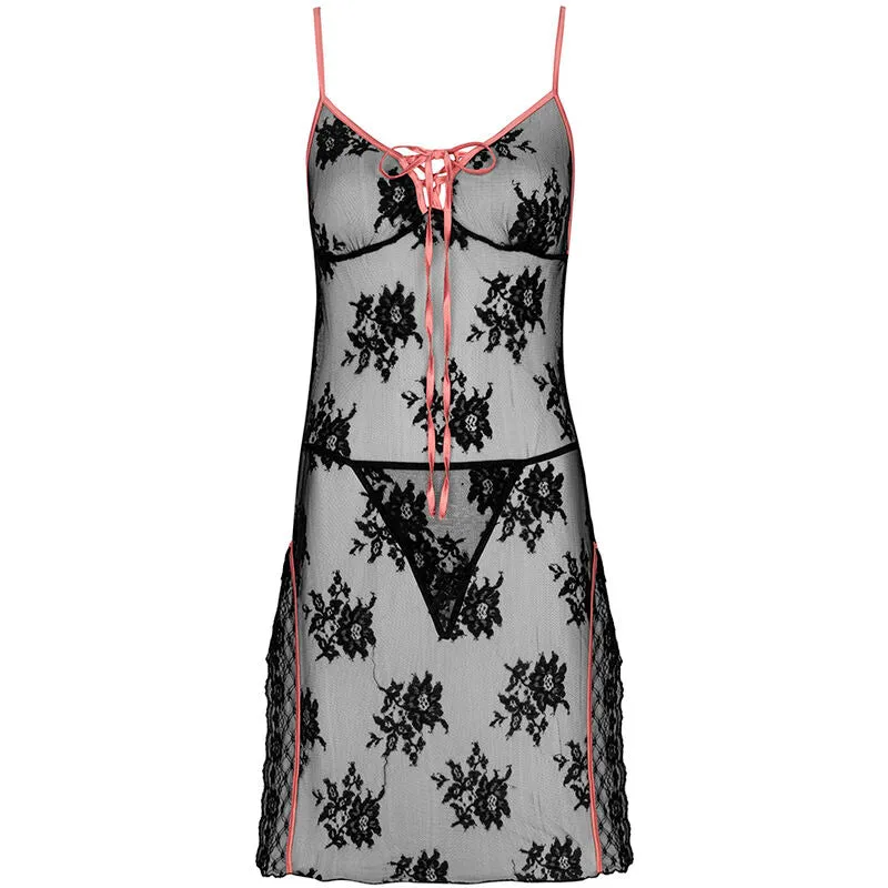 lingerie dentelle noire rose poudré chemise nuit string élégante sensuelle raffinée confortable polyamide semi transparente ruban buste fentes latérales