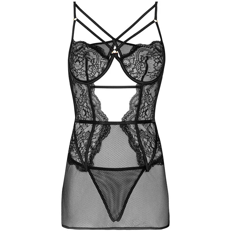ensemble lingerie noir dentelle maille livco corsetti baririn rissarin féminine élégante sensuelle raffinée sexy découpes rayures string chemise
