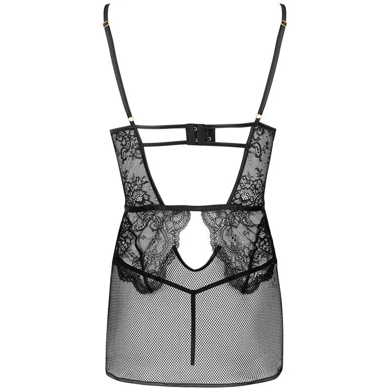 ensemble lingerie noir dentelle maille livco corsetti baririn rissarin féminine élégante sensuelle raffinée sexy découpes rayures string chemise