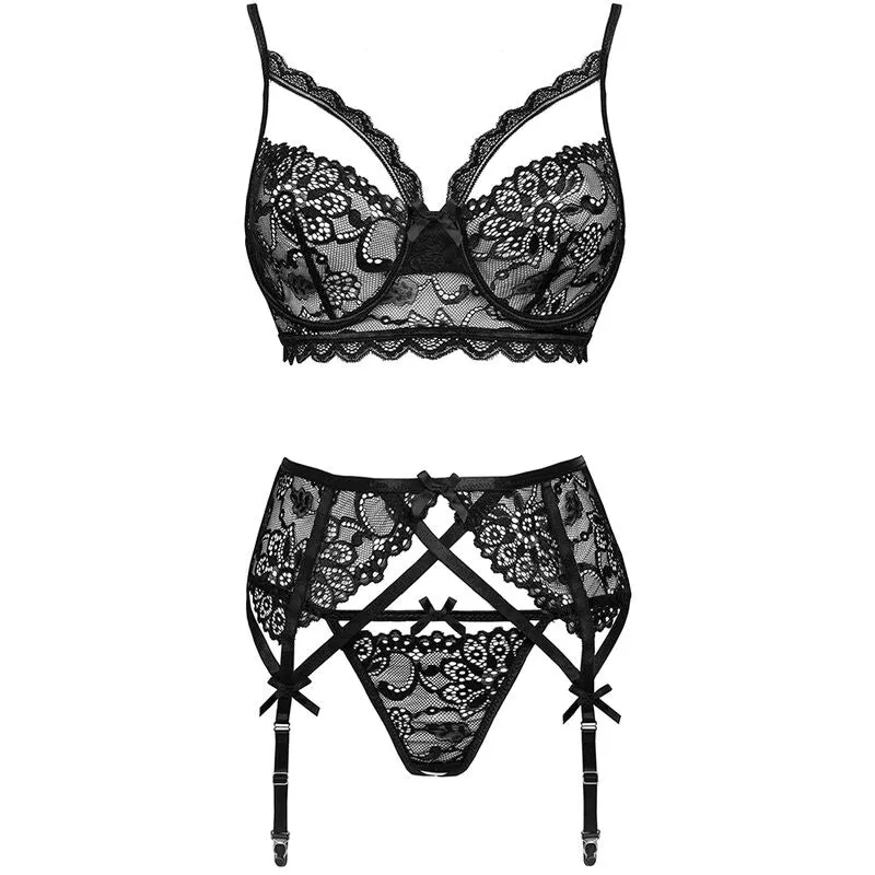 ensemble lingerie noir dentelle LivcoCorsetti soutiengorge culotte portejarretelles confortable extensible sculptant silhouette courbes voluptueuses séduisant raffiné