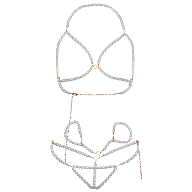ensemble lingerie perles faux soutien gorge ouvert string chaînes cœurs bracelets sensuel audacieux romantique ajustable synthétique tailleunique séduisant élégant glamour