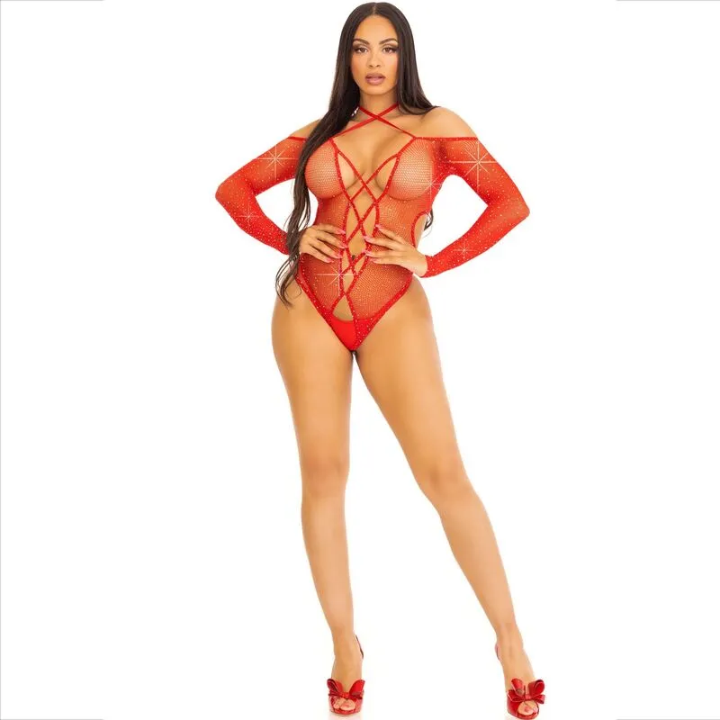 justaucorps résille rouge transparent strass scintillant luxe glamour séduction audacieux sensuel sexy sans entrejambe taille unique extensible confortable ajusté