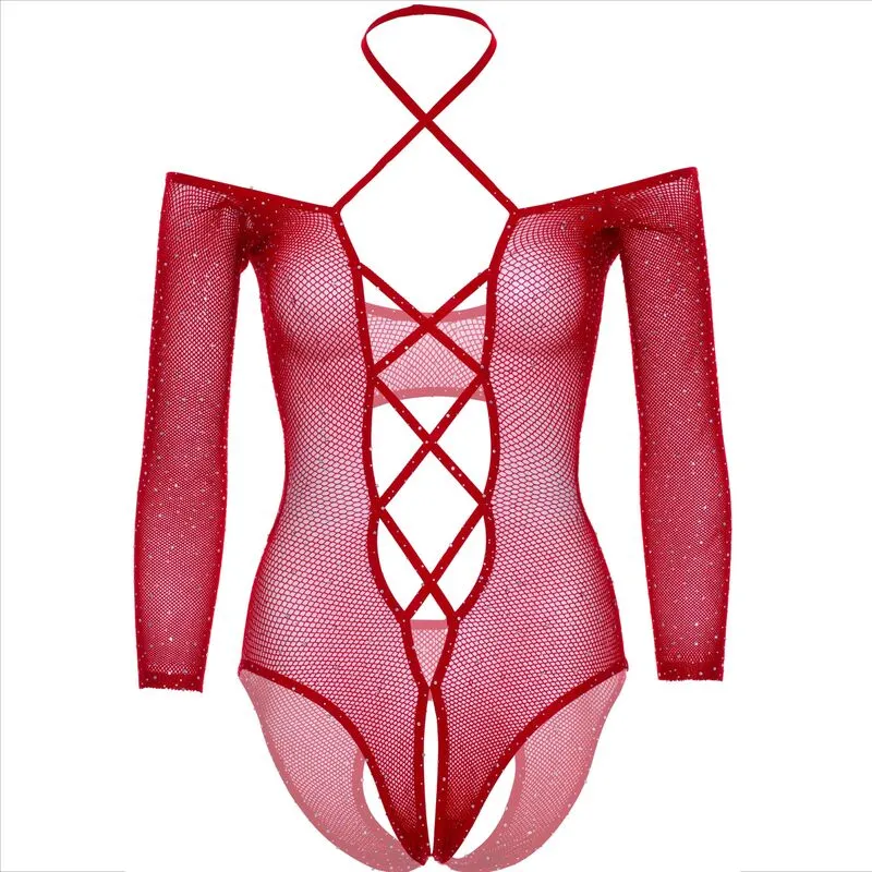 justaucorps résille rouge transparent strass scintillant luxe glamour séduction audacieux sensuel sexy sans entrejambe taille unique extensible confortable ajusté