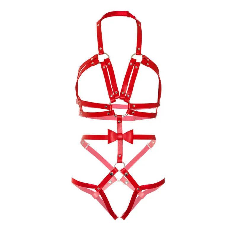 harnais convertible cuir végétalien clouté anneaux toriques rouge bretelles réglables culotte pression ajustable confortable audacieux élégant
