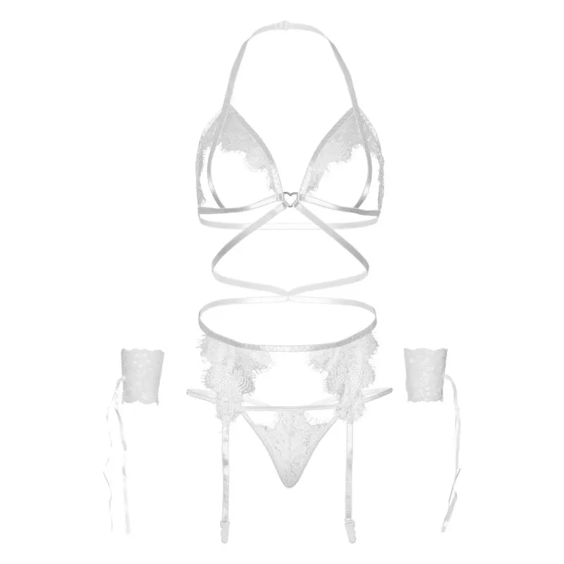 ensemble lingerie sexy dentelle cils soutiengorge ouvert portejarretelles blanc taille unique nylon résille bretelles cage string luxe cadeau séduisant confortable