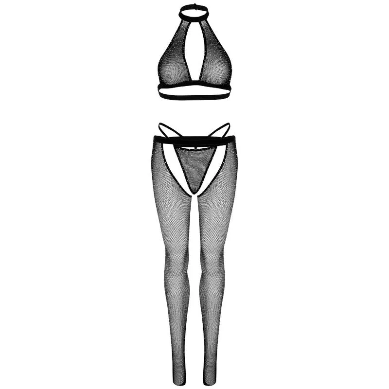 lingerie résille strass haut dos nu string collants sexy féminine raffinée glamour séduisante confortable extensible tailleunique