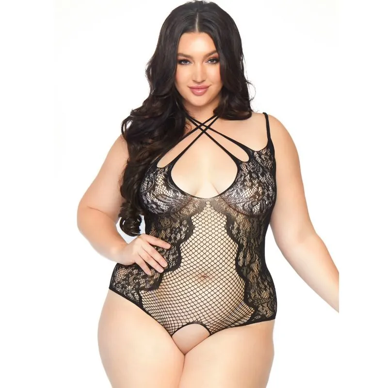 Teddy noir sans entrejambe filet dentelle dos nu grande taille 1X 2X marque exclusive bretelles multiposition faux lacets élasthanne polyamide