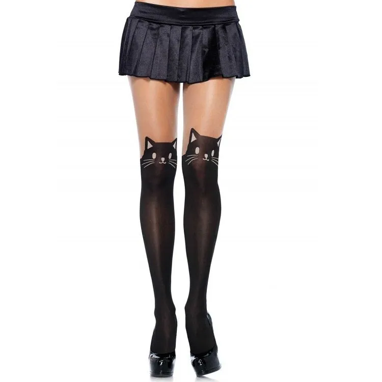 Collants opaques polyamide élasthanne imprimés chats noirs chair taille unique extensibles confortables élégants originaux résistants flatteurs