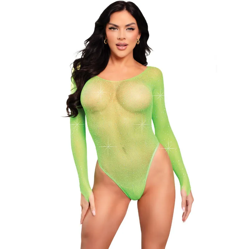 justaucorps résille manches longues strass glamour sensuelle vert culotte fermeture entrejambe maille nylon élasthanne taille unique