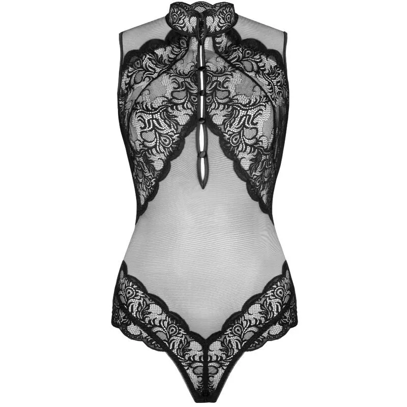body dentelle noire transparente femme sexy élégant sophistiqué découpes sensuelles dos nu ceinture taille boutons brillants maille extensible confort sculptant