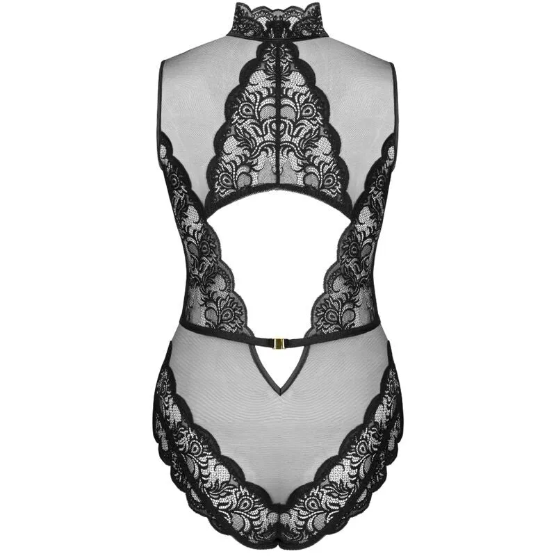 body dentelle noire transparente femme sexy élégant sophistiqué découpes sensuelles dos nu ceinture taille boutons brillants maille extensible confort sculptant