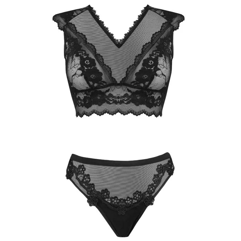 ensemble lingerie noir féminin dentelle transparente balconnet tanga satin ajusté décolleté plongeant dos transparent confortable sensuel