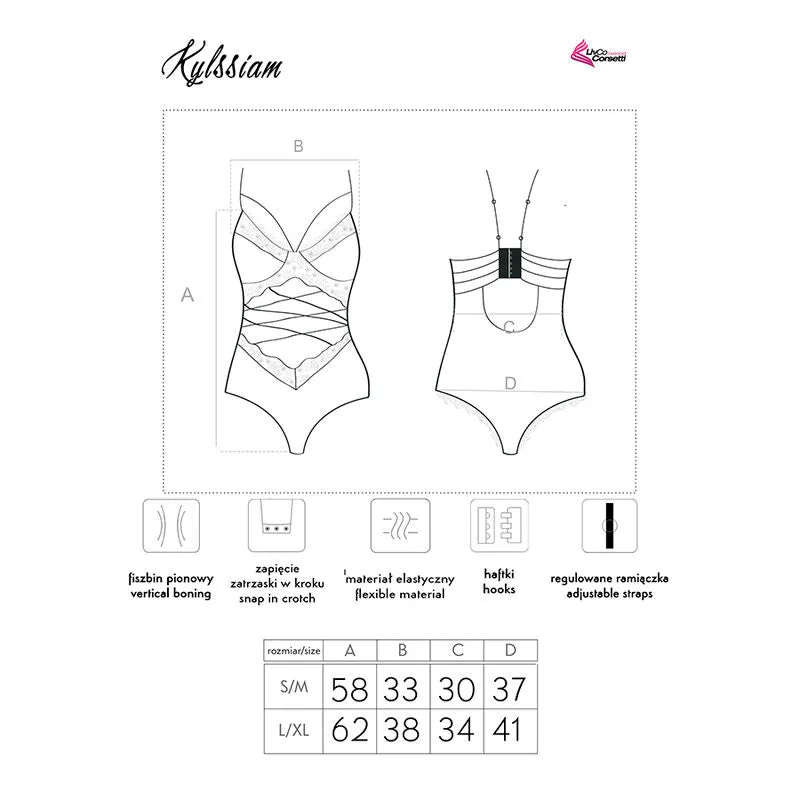 body sensuel noir Kylssiam Livco Corsetti dentelle transparente soirée élégante séduction audacieux confortable silhouette bretelles ajustables découpe losange motifs végétaux