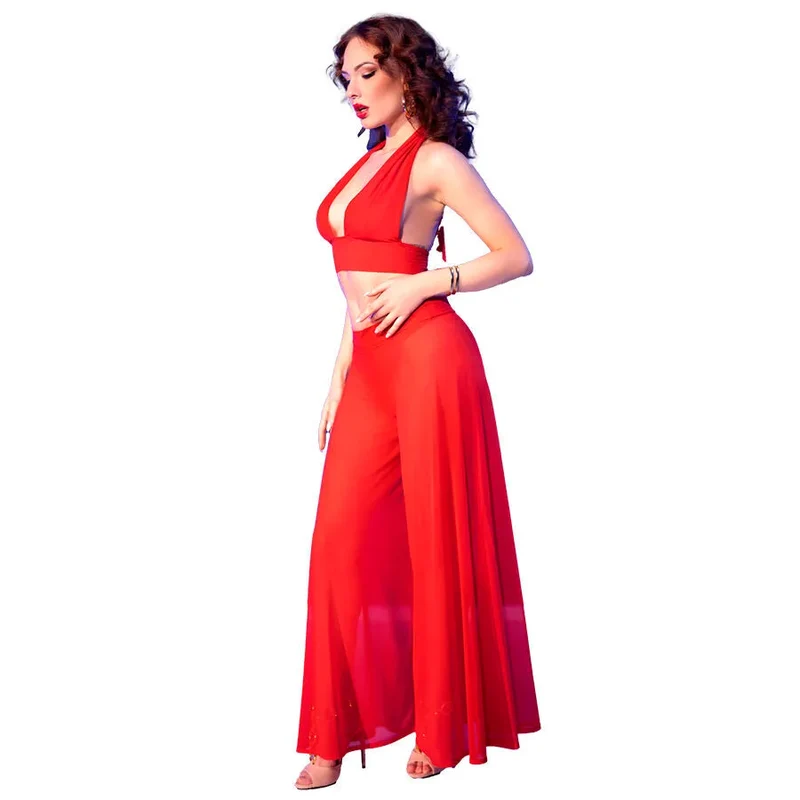 CHILIROSE CR4857 ensemble haut nouable pantalon large transparent séduisant rouge sensuel élégant tissu léger confortable tailles S M L XL