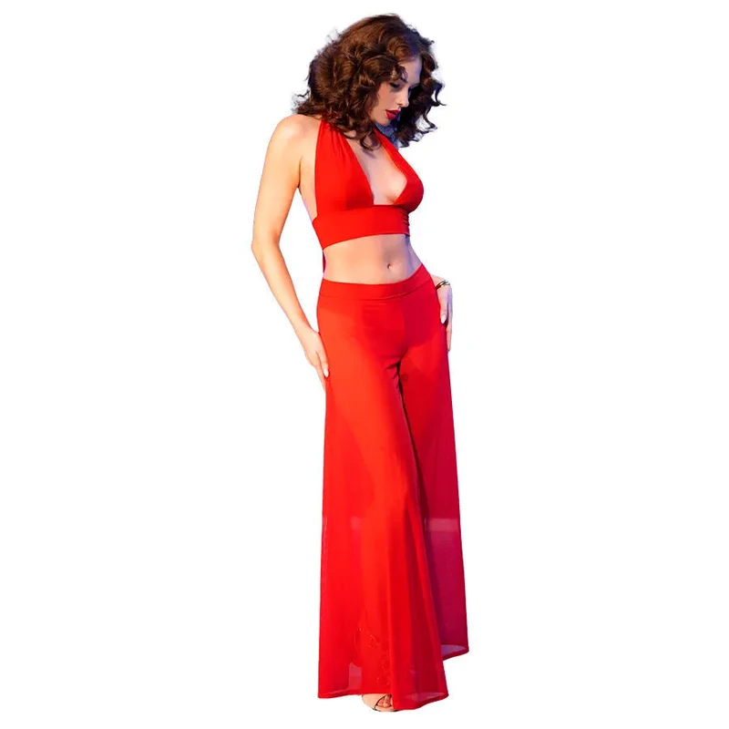 CHILIROSE CR4857 ensemble haut nouable pantalon large transparent séduisant rouge sensuel élégant tissu léger confortable tailles S M L XL