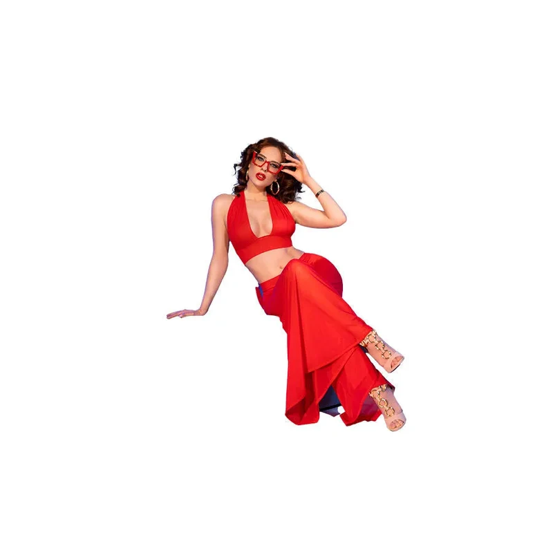 CHILIROSE CR4857 ensemble haut nouable pantalon large transparent séduisant rouge sensuel élégant tissu léger confortable tailles S M L XL
