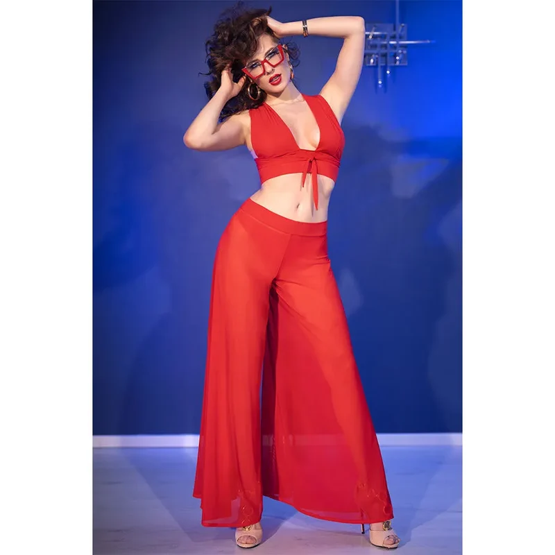 CHILIROSE CR4857 ensemble haut nouable pantalon large transparent séduisant rouge sensuel élégant tissu léger confortable tailles S M L XL