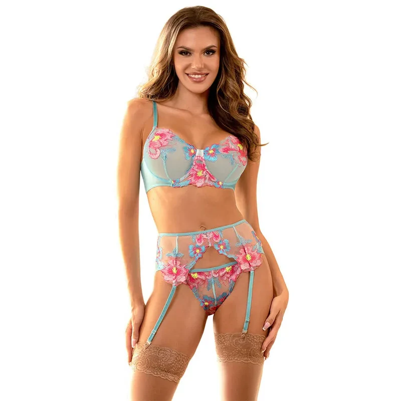 ensemble lingerie sexy maille bleue motif floral relief soutien gorge porte jarretelles dentelle transparent bretelles reglables confortable sensuel taille LXL
