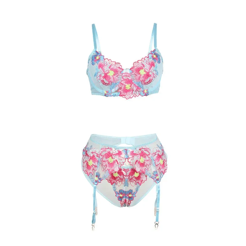 ensemble lingerie maille bleue florale soutien gorge porte jarretelles sexy femme dentelle translucide bretelles réglables maintien ajustable polyester élasthanne élégance