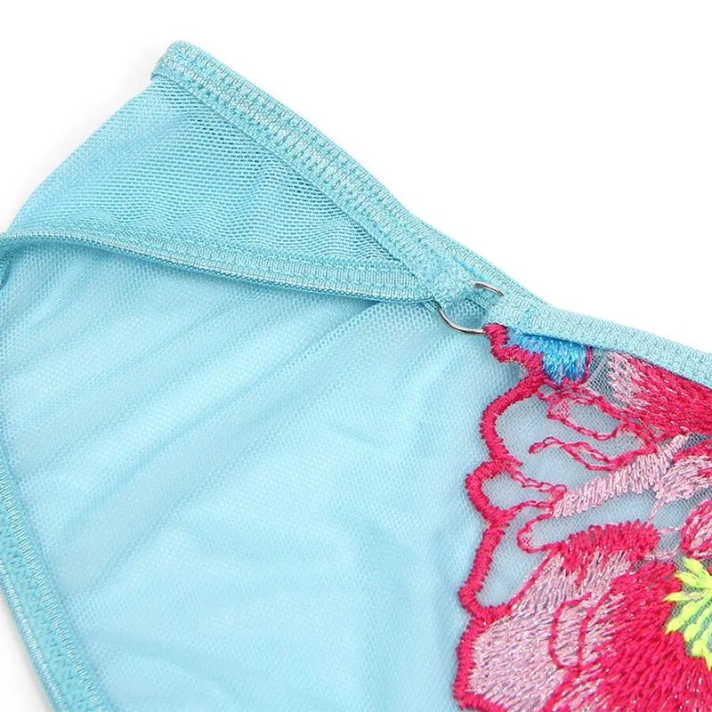 ensemble lingerie maille bleue florale soutien gorge porte jarretelles sexy femme dentelle translucide bretelles réglables maintien ajustable polyester élasthanne élégance
