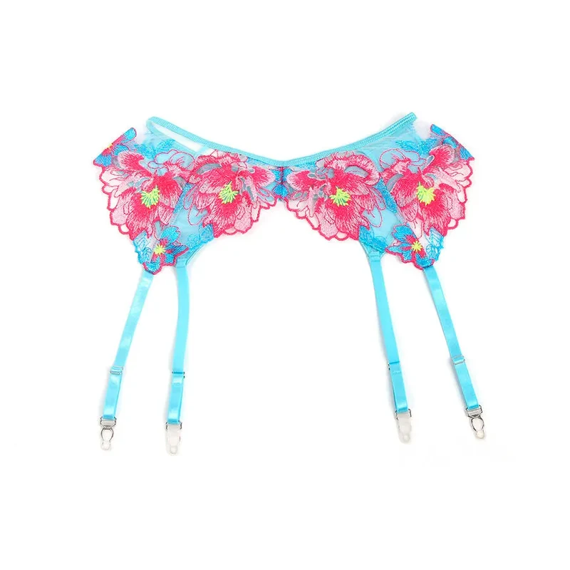 ensemble lingerie sexy maille bleue motif floral relief soutien gorge porte jarretelles dentelle transparent bretelles reglables confortable sensuel taille LXL
