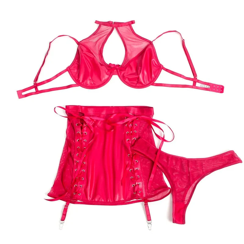 ensemble lingerie sexy similicuir rouge résille transparente col licou porte jarretelles intégré bretelles réglables fermeture dos élastique sculptant