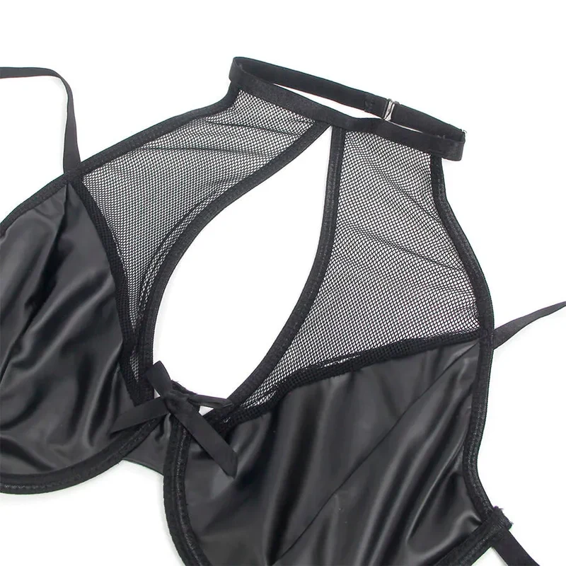 ensemble lingerie sexy cuir PU noir col licou porte jarretelles intégré réglable maille translucide bretelles réglables fermeture dos maintien silhouette