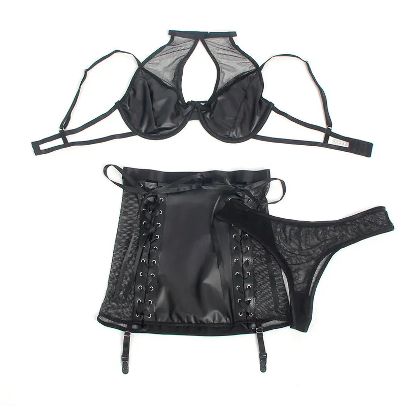 ensemble lingerie sexy cuir polyuréthane noir porte jarretelles licou femme audacieuse col maille translucide bretelles réglables fermeture dos maintien moulant